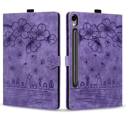 For Samsung Galaxy Tab S9 FE+ Cartoon Sakura Cat Embossed Leather Tablet Case(Purple) - Galaxy Tab S9 FE+ by buy2fix | Online Shopping UK | buy2fix