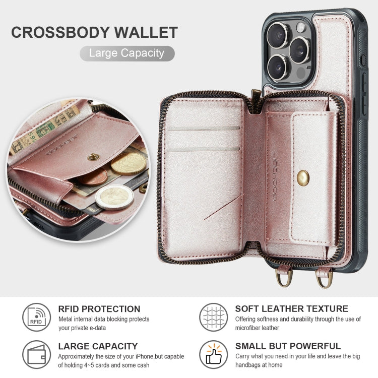 For iPhone 16 Pro JEEHOOD C22 Series Zipper Wallet Leather Phone Case with Dual Lanyard(Rose Gold) - iPhone 16 Pro Cases by JEEHOOD | Online Shopping UK | buy2fix