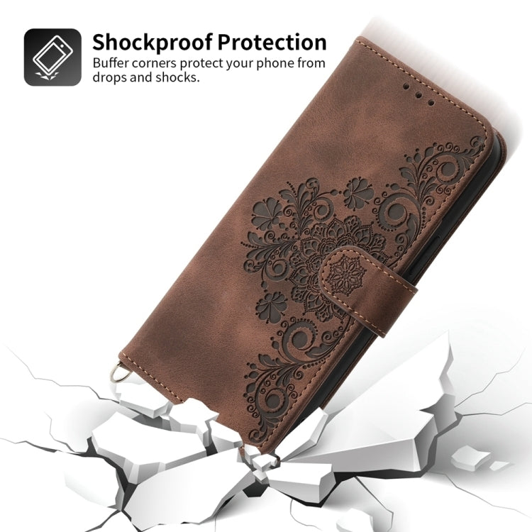 For iPhone 16e Skin-feel Flowers Embossed Wallet Leather Phone Case(Brown) - iPhone 16e Cases by buy2fix | Online Shopping UK | buy2fix