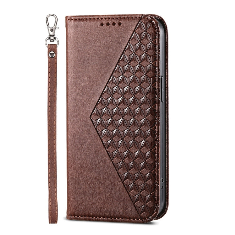 For iPhone 16 Plus Cubic Grid Calf Texture Magnetic Leather Phone Case(Brown) - iPhone 16 Plus Cases by buy2fix | Online Shopping UK | buy2fix