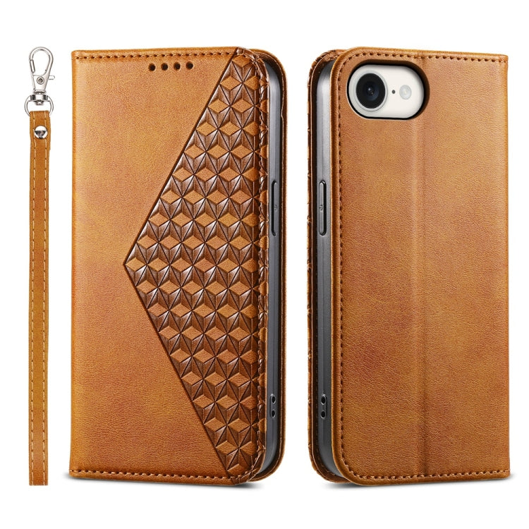 For iPhone 16e Cubic Grid Calf Texture Magnetic Leather Phone Case(Yellow) - iPhone 16e Cases by buy2fix | Online Shopping UK | buy2fix