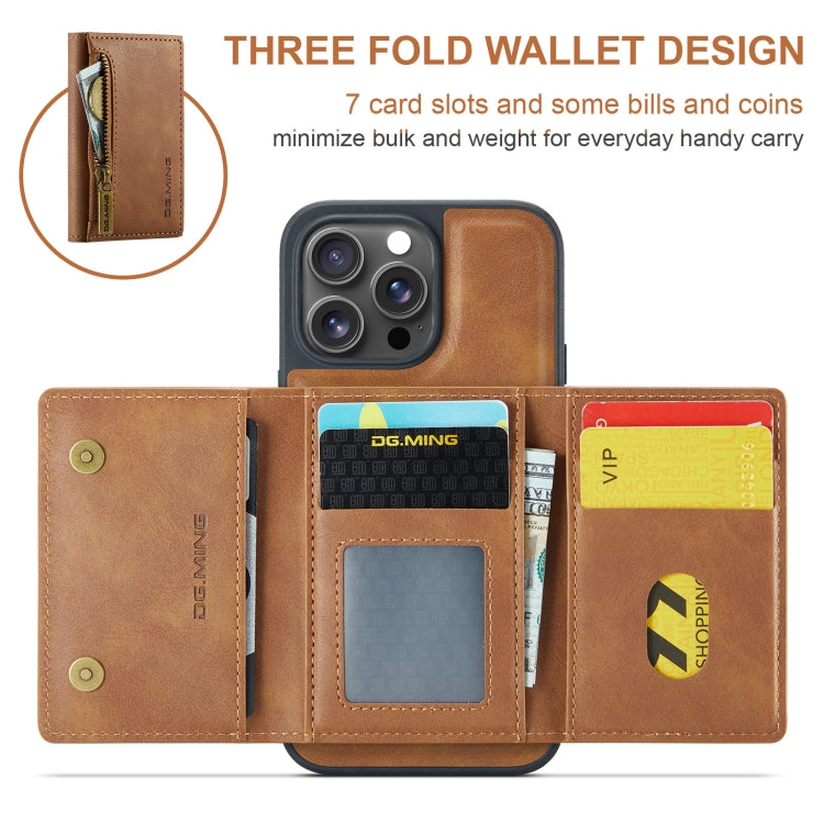 For iPhone 16 Pro DG.MING M5 Series Zip RFID Multi Card Detachable Leather Phone Case(Brown) - iPhone 16 Pro Cases by DG.MING | Online Shopping UK | buy2fix