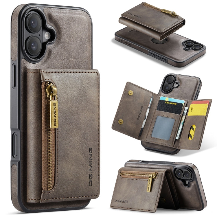 For iPhone 16 DG.MING M5 Series Zip RFID Multi Card Detachable Leather Phone Case(Coffee) - iPhone 16 Cases by DG.MING | Online Shopping UK | buy2fix