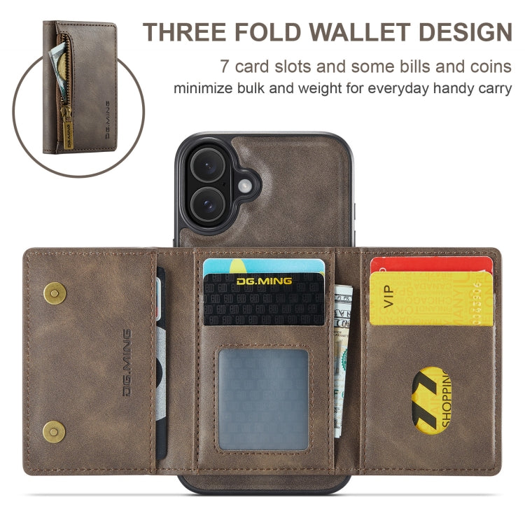 For iPhone 16 DG.MING M5 Series Zip RFID Multi Card Detachable Leather Phone Case(Coffee) - iPhone 16 Cases by DG.MING | Online Shopping UK | buy2fix