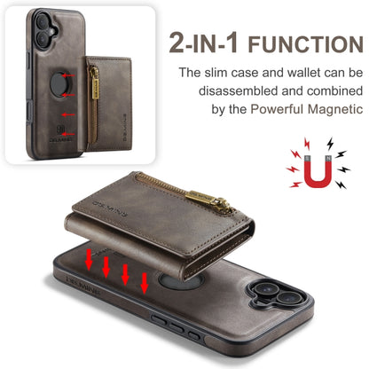 For iPhone 16 DG.MING M5 Series Zip RFID Multi Card Detachable Leather Phone Case(Coffee) - iPhone 16 Cases by DG.MING | Online Shopping UK | buy2fix