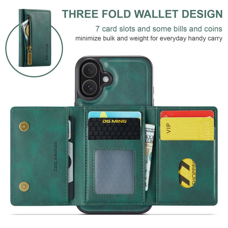 For iPhone 16 DG.MING M5 Series Zip RFID Multi Card Detachable Leather Phone Case(Green) - iPhone 16 Cases by DG.MING | Online Shopping UK | buy2fix