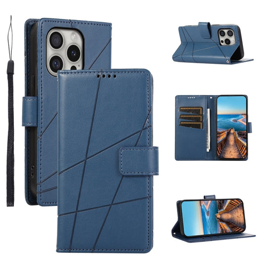 For iPhone 16 Pro PU Genuine Leather Texture Embossed Line Phone Case(Blue) - iPhone 16 Pro Cases by buy2fix | Online Shopping UK | buy2fix