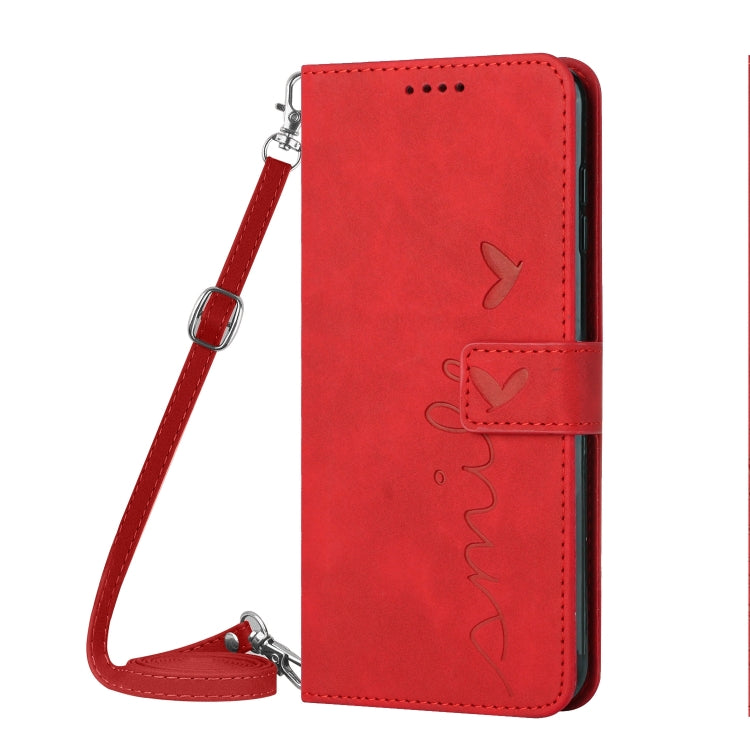 For Motorola Moto G Play 2024 Skin Feel Heart Embossed Leather Phone Case with Long Lanyard(Red) - Motorola Cases by buy2fix | Online Shopping UK | buy2fix