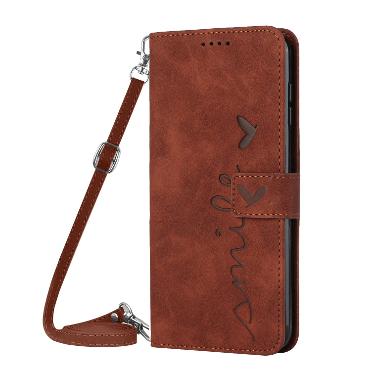 For Motorola Moto G Play 2024 Skin Feel Heart Embossed Leather Phone Case with Long Lanyard(Brown) - Motorola Cases by buy2fix | Online Shopping UK | buy2fix