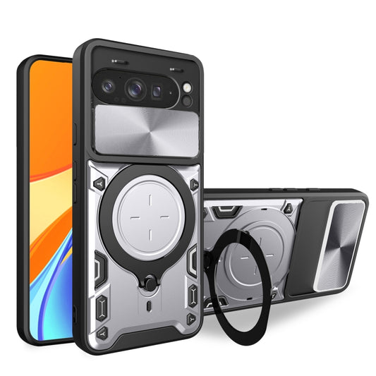 For Google Pixel 9 Pro XL CD Texture Sliding Camshield Magnetic Holder Phone Case(Silver) - Google Cases by buy2fix | Online Shopping UK | buy2fix