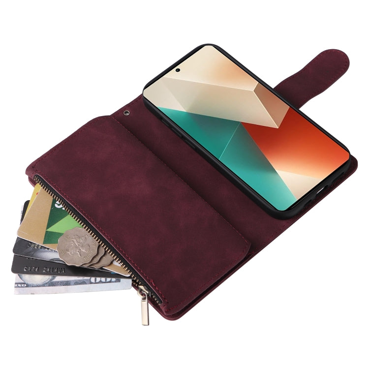 For Xiaomi Redmi Note 13 5G Multifunctional Frosted Zipper Wallet Leather Phone Case(Wine Red) - Note 13 Cases by buy2fix | Online Shopping UK | buy2fix