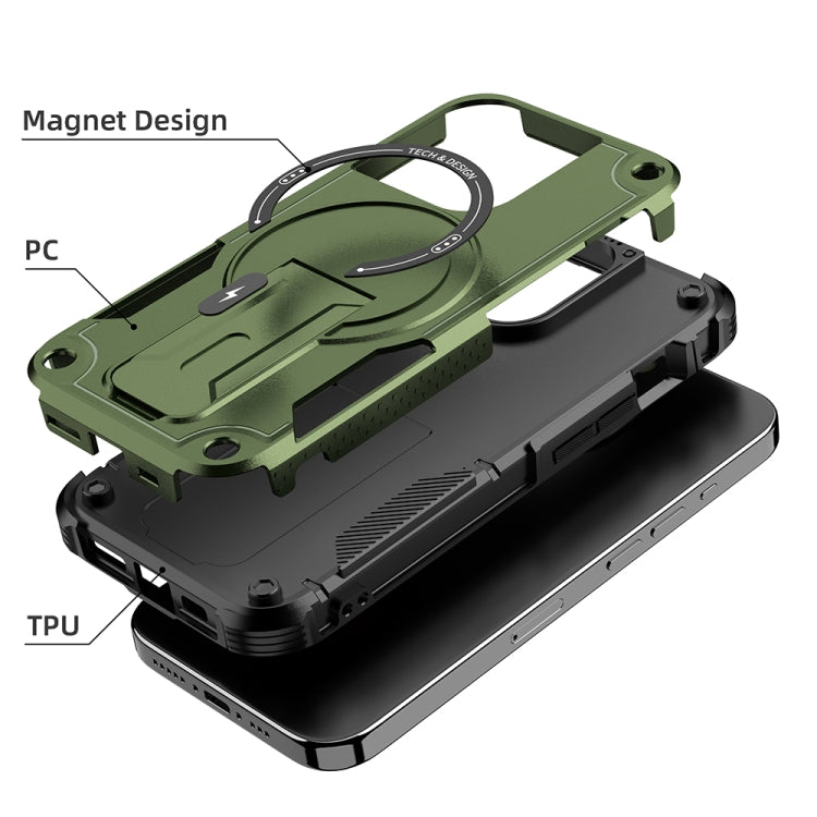 For iPhone 14 Plus MagSafe Holder Armor PC Hybrid TPU Phone Case(Army Green) - iPhone 14 Plus Cases by buy2fix | Online Shopping UK | buy2fix