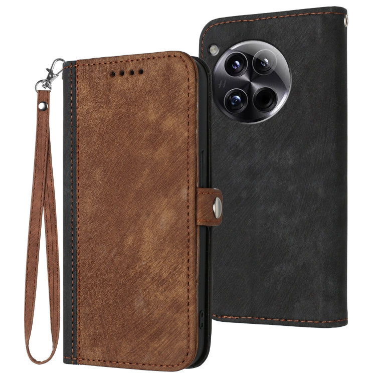 For OnePlus 12 Side Buckle Double Fold Hand Strap Leather Phone Case(Brown) - OnePlus Cases by buy2fix | Online Shopping UK | buy2fix