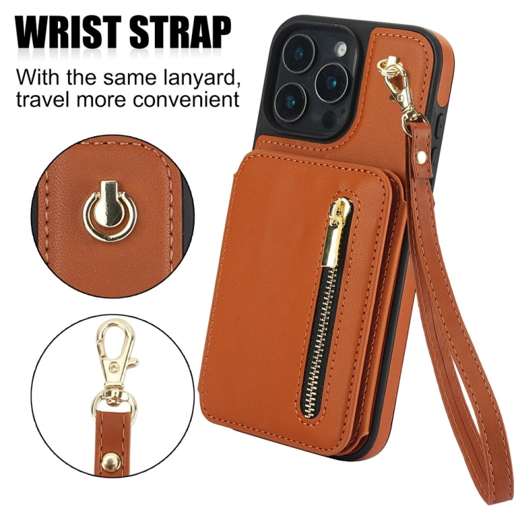 For iPhone 16 Pro Max YM006 Skin Feel Zipper Card Bag Phone Case with Dual Lanyard(Brown) - iPhone 16 Pro Max Cases by buy2fix | Online Shopping UK | buy2fix