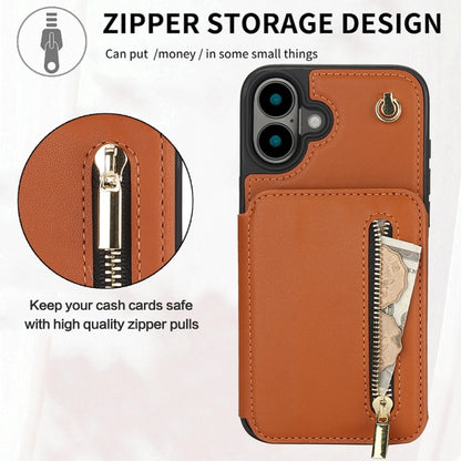 For iPhone 16 YM006 Skin Feel Zipper Card Bag Phone Case with Dual Lanyard(Brown) - iPhone 16 Cases by buy2fix | Online Shopping UK | buy2fix