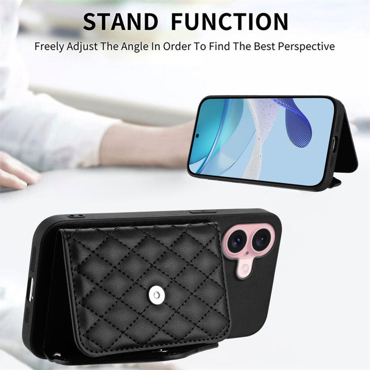 For iPhone 16 Rhombic Texture Card Bag RFID Phone Case with Long Lanyard(Black) - iPhone 16 Cases by buy2fix | Online Shopping UK | buy2fix