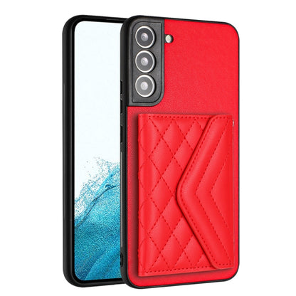 For Samsung Galaxy S22 5G Rhombic Texture Card Bag RFID Phone Case with Long Lanyard(Red) - Galaxy S22 5G Cases by buy2fix | Online Shopping UK | buy2fix