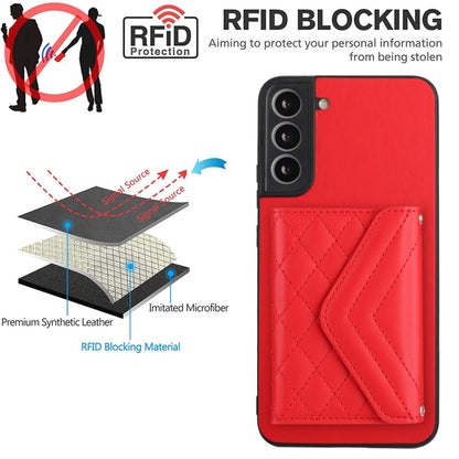 For Samsung Galaxy S22 5G Rhombic Texture Card Bag RFID Phone Case with Long Lanyard(Red) - Galaxy S22 5G Cases by buy2fix | Online Shopping UK | buy2fix