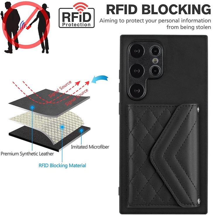 For Samsung Galaxy S24 Ultra 5G Rhombic Texture Card Bag RFID Phone Case with Long Lanyard(Black) - Galaxy S24 Ultra 5G Cases by buy2fix | Online Shopping UK | buy2fix