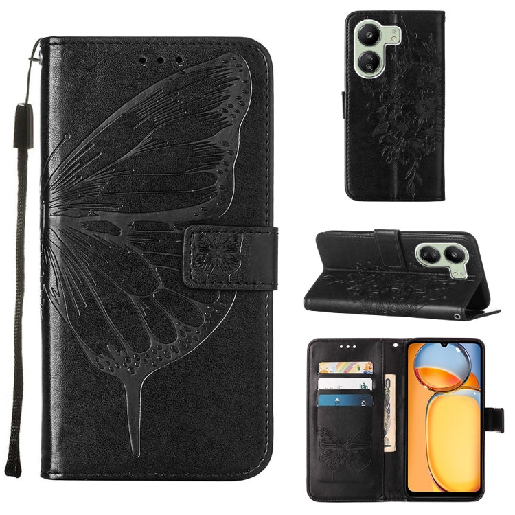 For Xiaomi Redmi 13C Embossed Butterfly Leather Phone Case(Black) - 13C Cases by buy2fix | Online Shopping UK | buy2fix