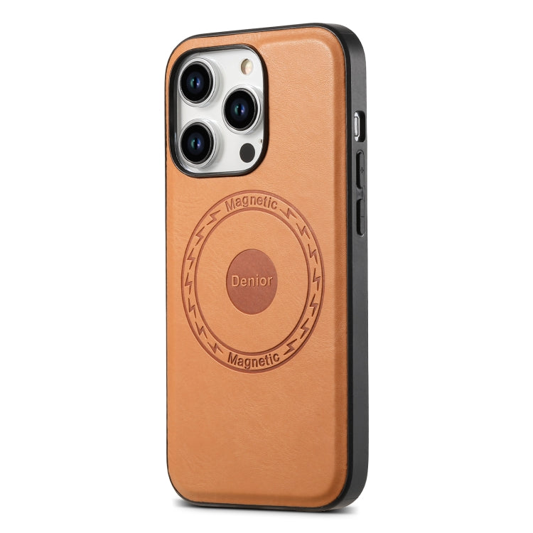 For iPhone 15 Pro Denior Cowhide Texture Leather MagSafe Phone Case(Khaki) - iPhone 15 Pro Cases by Denior | Online Shopping UK | buy2fix