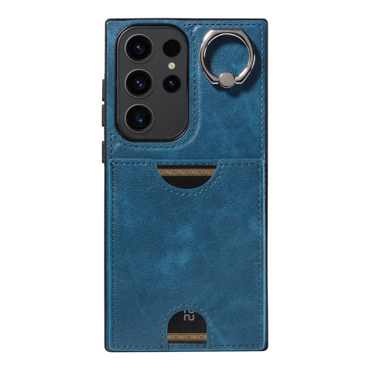 For Samsung Galaxy S23 Ultra 5G Calf Texture Card Slot Ring Holder Phone Case(Blue) - Galaxy S23 Ultra 5G Cases by buy2fix | Online Shopping UK | buy2fix