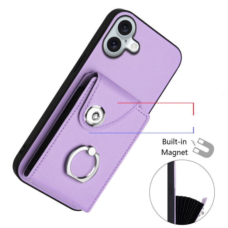 For iPhone 16 Plus Organ Card Bag Ring Holder Phone Case with Long Lanyard(Purple) - iPhone 16 Plus Cases by buy2fix | Online Shopping UK | buy2fix