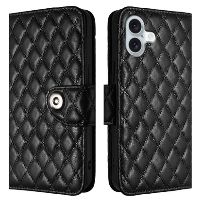 For iPhone 16 Plus Rhombic Texture Flip Leather Phone Case with Lanyard(Black) - iPhone 16 Plus Cases by buy2fix | Online Shopping UK | buy2fix