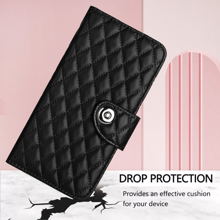 For iPhone 16 Plus Rhombic Texture Flip Leather Phone Case with Lanyard(Black) - iPhone 16 Plus Cases by buy2fix | Online Shopping UK | buy2fix