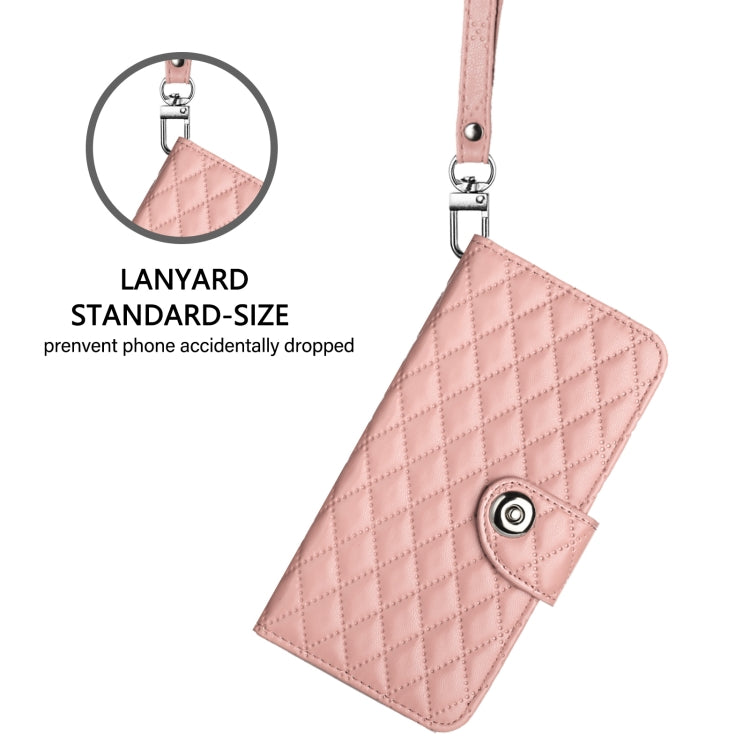 For iPhone SE 2024 Rhombic Texture Flip Leather Phone Case with Lanyard(Coral Pink) - More iPhone Cases by buy2fix | Online Shopping UK | buy2fix