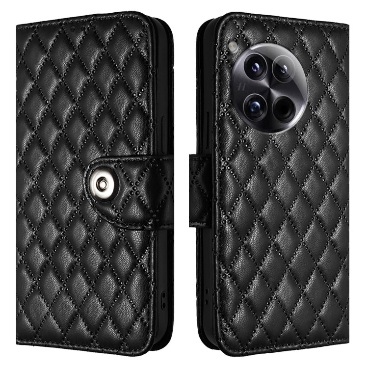 For OnePlus 12 5G Global Rhombic Texture Flip Leather Phone Case with Lanyard(Black) - OnePlus Cases by buy2fix | Online Shopping UK | buy2fix