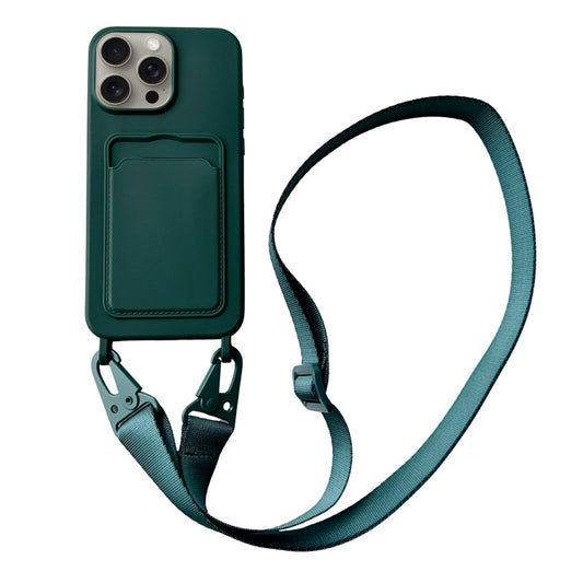 For iPhone 16 Pro Card Slot Liquid Silicone Phone Case with Lanyard(Dark Green) - iPhone 16 Pro Cases by buy2fix | Online Shopping UK | buy2fix