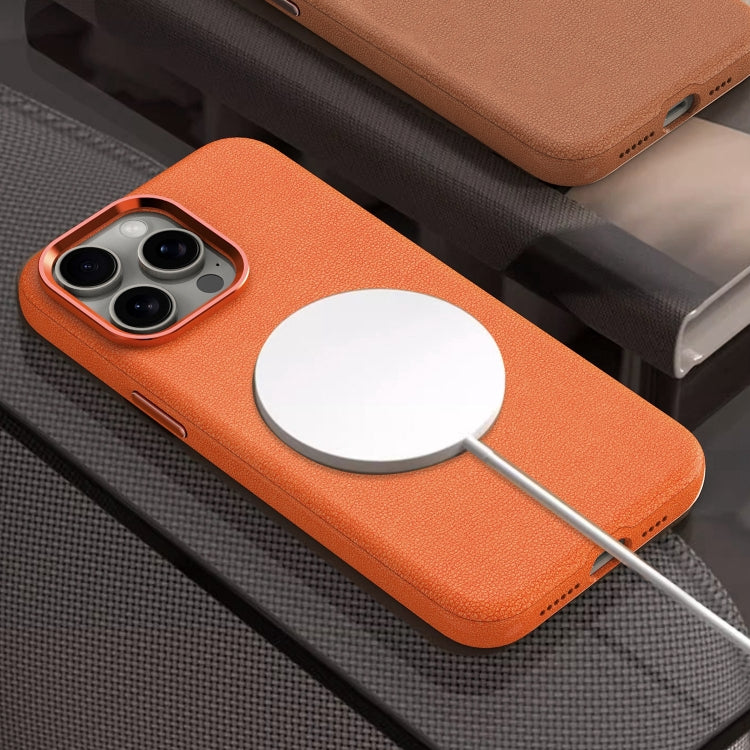 For iPhone 13 Metal Lens Frame Leather Magsafe Full Coverage Shockproof Phone Case(Orange) - iPhone 13 Cases by buy2fix | Online Shopping UK | buy2fix