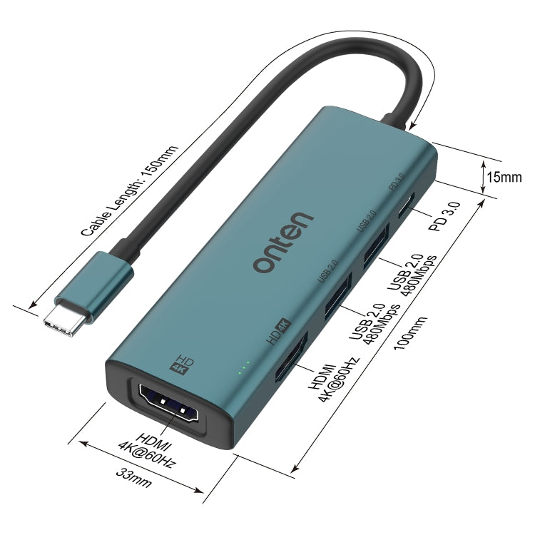 Onten UC126 5 in 1 USB-C / Type-C to Dual HDM I+ USB2.0 + PD3.0 Multi-function HUB Docking Station - USB HUB by Onten | Online Shopping UK | buy2fix