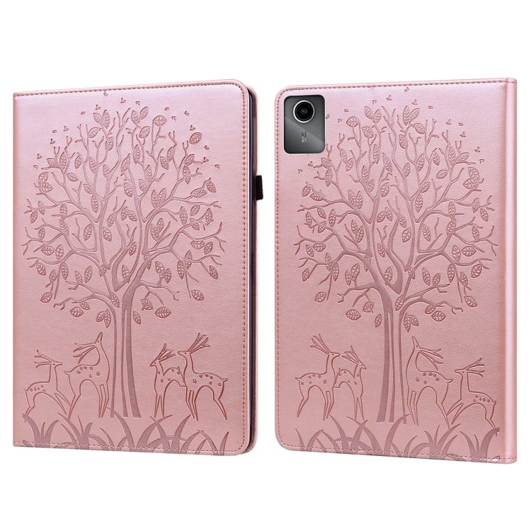 For Lenovo Tab M11 / Xiaoxin Pad 11 2024 Tree & Deer Embossed Leather Tablet Case(Pink) - Lenovo by buy2fix | Online Shopping UK | buy2fix