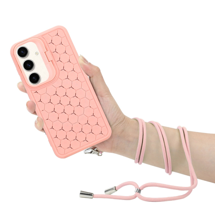 For Samsung Galaxy S24+ 5G Honeycomb Radiating Lens Holder Magsafe Phone Case with Lanyard(Pink) - Galaxy S24+ 5G Cases by buy2fix | Online Shopping UK | buy2fix