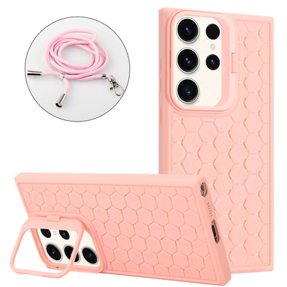 For Samsung Galaxy S23 Ultra 5G Honeycomb Radiating Lens Holder Magsafe Phone Case with Lanyard(Pink) - Galaxy S23 Ultra 5G Cases by buy2fix | Online Shopping UK | buy2fix