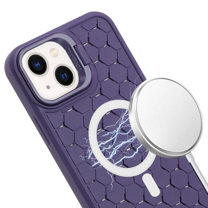 For iPhone 14 Plus Honeycomb Radiating Lens Holder Magsafe Phone Case with Lanyard(Purple) - iPhone 14 Plus Cases by buy2fix | Online Shopping UK | buy2fix