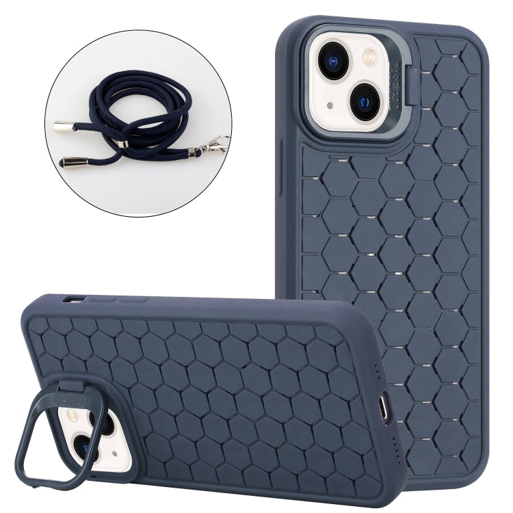 For iPhone 13 Honeycomb Radiating Lens Holder Magsafe Phone Case with Lanyard(Blue) - iPhone 13 Cases by buy2fix | Online Shopping UK | buy2fix