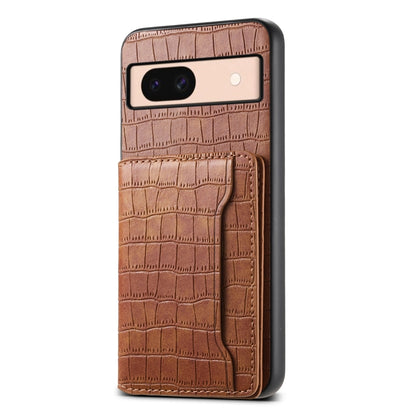 For Google Pixel 8a Crocodile Texture Card Bag Design Full Coverage Phone Case(Brown) - Google Cases by buy2fix | Online Shopping UK | buy2fix