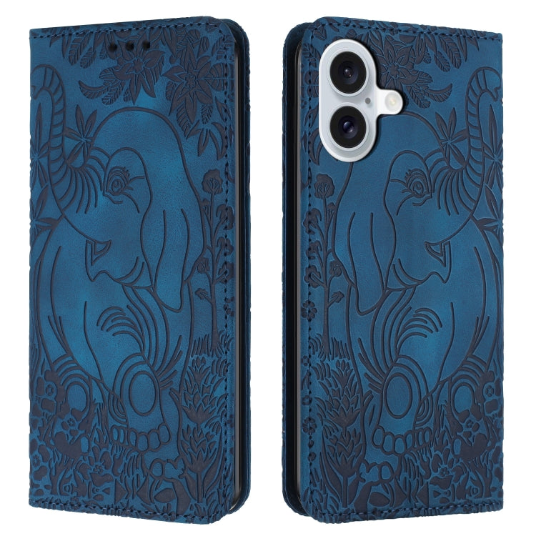 For iPhone 16 Plus Retro Elephant Embossed Leather Phone Case(Blue) - iPhone 16 Plus Cases by buy2fix | Online Shopping UK | buy2fix