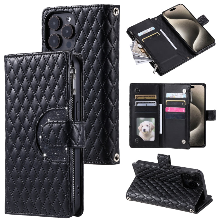 For iPhone 16 Pro Max Glitter Lattice Zipper Wallet Leather Phone Case(Black) - iPhone 16 Pro Max Cases by buy2fix | Online Shopping UK | buy2fix