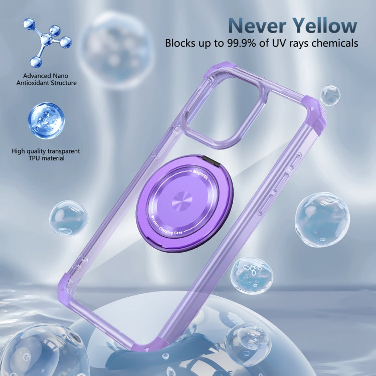 For iPhone 15 Gold Shield CD Pattern MagSafe Magnetic Phone Case with Rotating Stand(Transparent Purple) - iPhone 15 Cases by buy2fix | Online Shopping UK | buy2fix