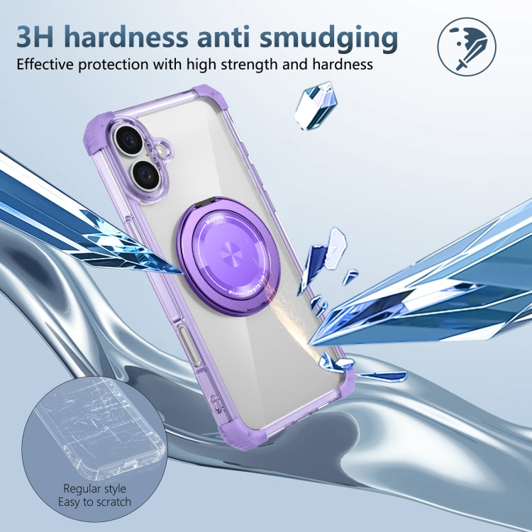 For iPhone 16 Plus Gold Shield CD Pattern MagSafe Magnetic Phone Case with Rotating Stand(Transparent Purple) - iPhone 16 Plus Cases by buy2fix | Online Shopping UK | buy2fix