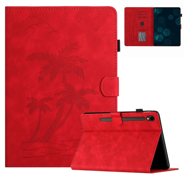 For Samsung Galaxy Tab S9 FE X510/X516B Coconut Tree Embossed Smart Leather Tablet Case(Red) - Galaxy Tab S9 FE by buy2fix | Online Shopping UK | buy2fix