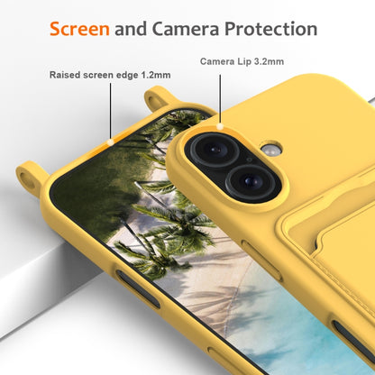 For iPhone 16 Plus Integrated Card Bag Solid Color Liquid Silicone Phone Case with Lanyard(Yellow) - iPhone 16 Plus Cases by buy2fix | Online Shopping UK | buy2fix