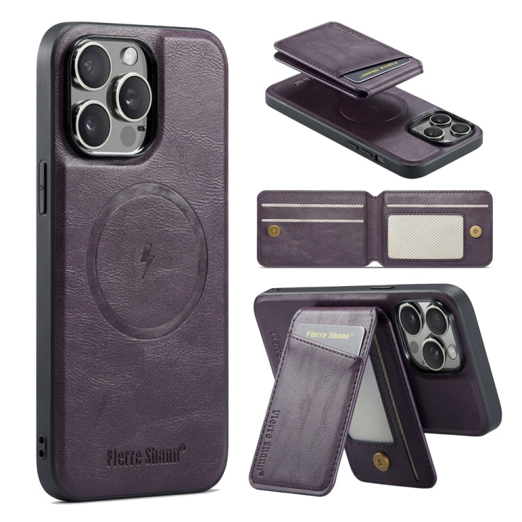 For iPhone 15 Pro Max Fierre Shann Cowhide Vertical Flip Magnetic Card Holder Phone Case(Purple) - iPhone 15 Pro Max Cases by FIERRE SHANN | Online Shopping UK | buy2fix