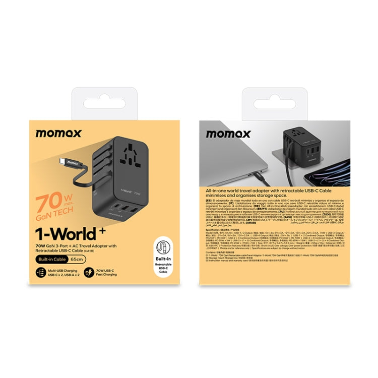 MOMAX 1-World+ 70W Gallium Nitride Expansion Cable Global Conversion Socket Power Adapter(Black) - USB Charger by MOMAX | Online Shopping UK | buy2fix