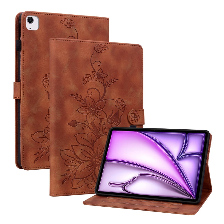 For iPad Air 13 2024 Lily Embossed Leather Smart Tablet Case(Brown) - iPad Air 13 2024 Cases by buy2fix | Online Shopping UK | buy2fix