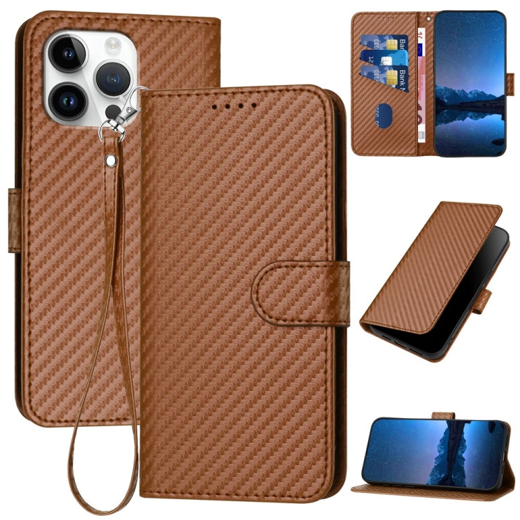 For iPhone 16 Pro Max YX0070 Carbon Fiber Buckle Leather Phone Case with Lanyard(Coffee) - iPhone 16 Pro Max Cases by buy2fix | Online Shopping UK | buy2fix